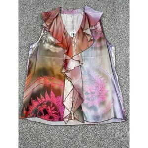 Audrey Talbott Carmel Silk Blouse Sleeveless Ruffle Neck Multicolor Abstract NWT